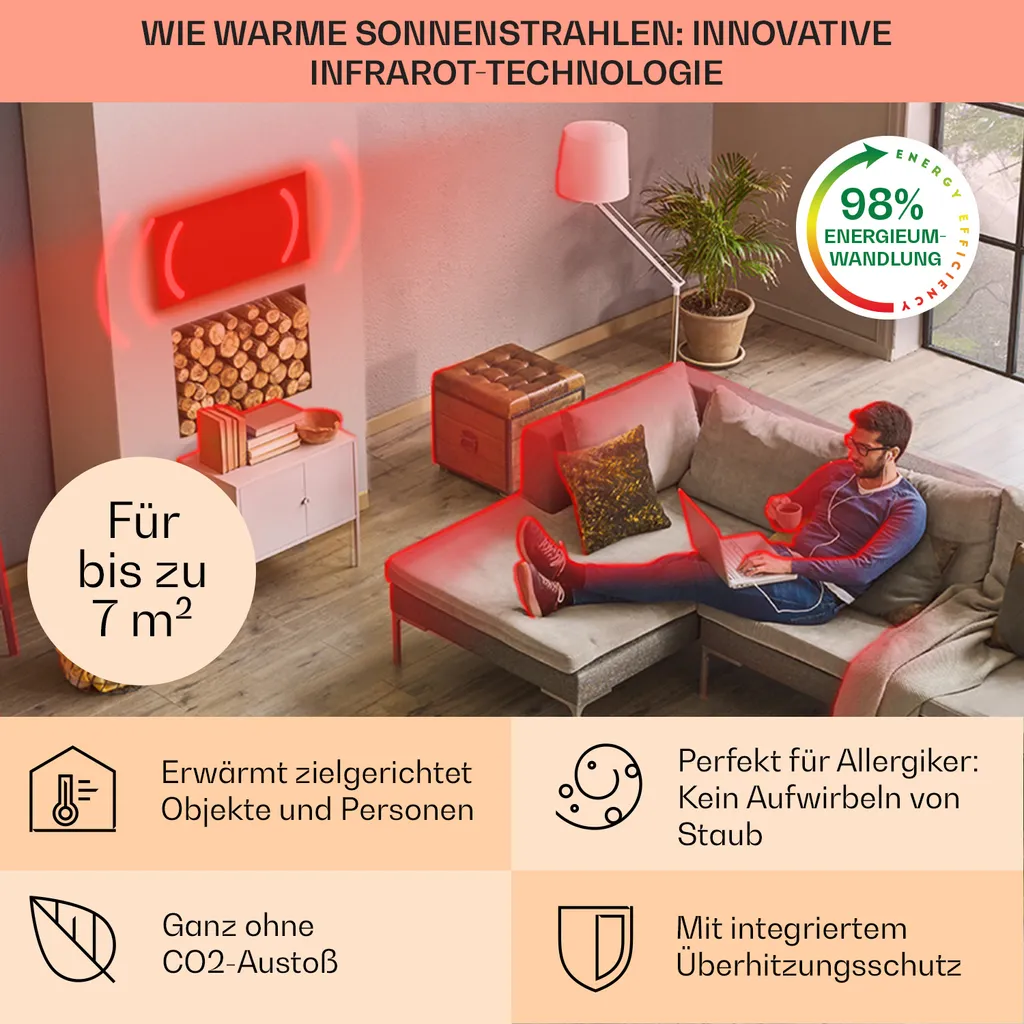 Klarstein Infrarotheizung mit Thermostat, 350W Elektroheizung, Smart Home Bild-Infrarotheizung zur Wandmontage, IR mit IoT/WiFi App-Control, Feuchtraum Flach-Heizkörper, CO2-Freie Wand Heizung